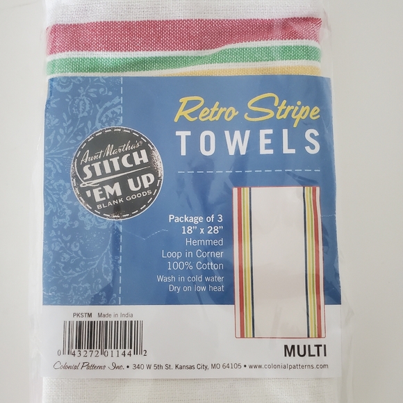 NIP! AUNT MARTHA'S Stitch 'Em Up 3 ct Retro Multi Color Stripe Towels 18"x 28" - Picture 6 of 7